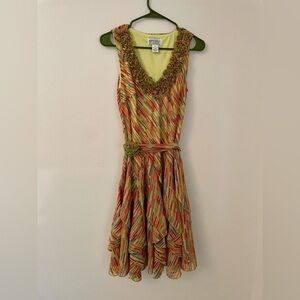 Vintage Y2K Bethany Multicolor Stripe Rosette Asymetrical Handkerchief Hem Dress